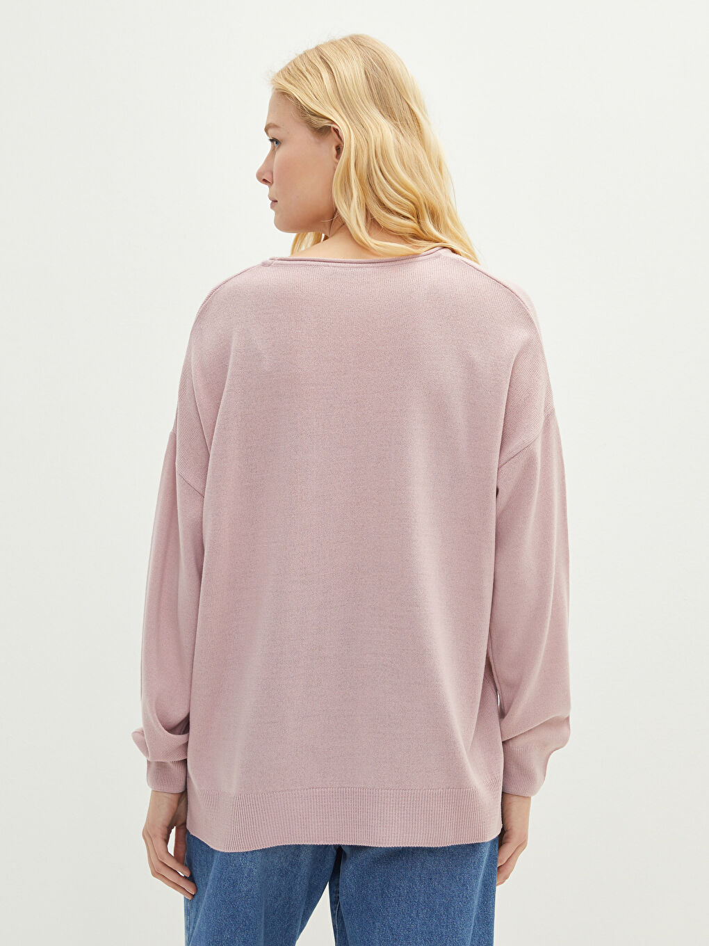 Pembe Bisiklet Yaka Düz Uzun Kollu Kadın Triko Kazak-4