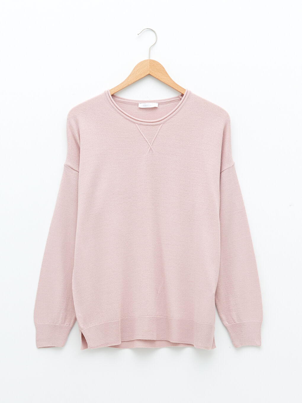 Pembe Bisiklet Yaka Düz Uzun Kollu Kadın Triko Kazak-5