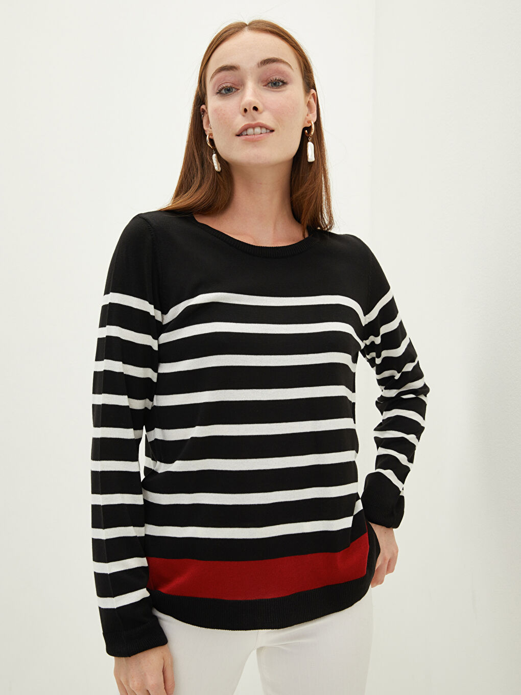 Siyah LCW BASİC Bisiklet Yaka Uzun Kollu Çizgili Kadın Triko Kazak