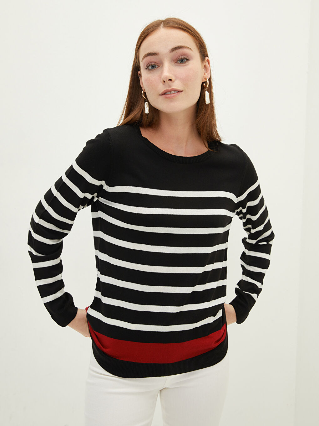 Siyah LCW BASİC Bisiklet Yaka Uzun Kollu Çizgili Kadın Triko Kazak-1