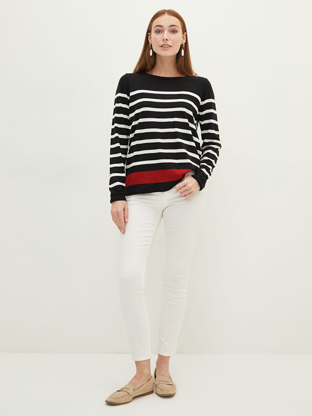 Siyah LCW BASİC Bisiklet Yaka Uzun Kollu Çizgili Kadın Triko Kazak-2