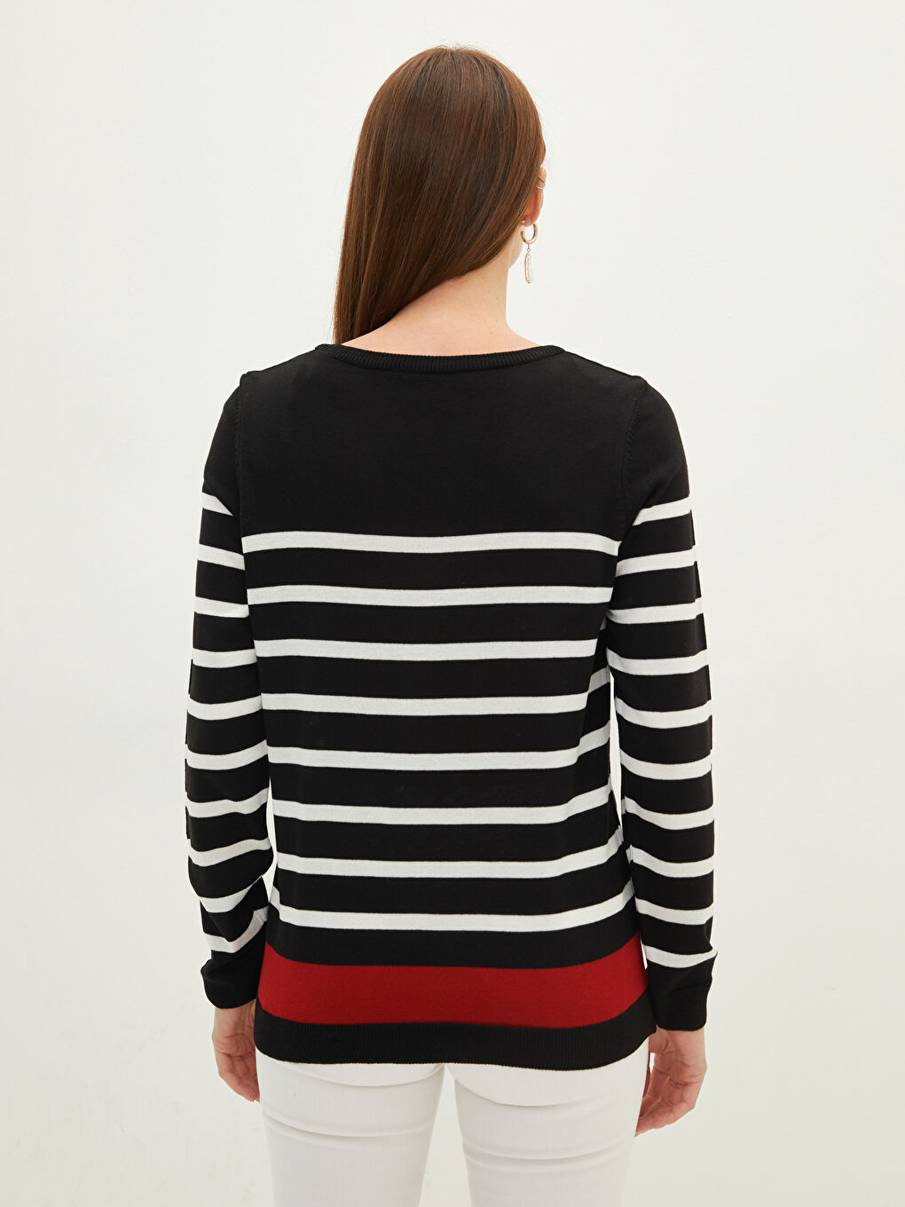 Siyah LCW BASİC Bisiklet Yaka Uzun Kollu Çizgili Kadın Triko Kazak-3