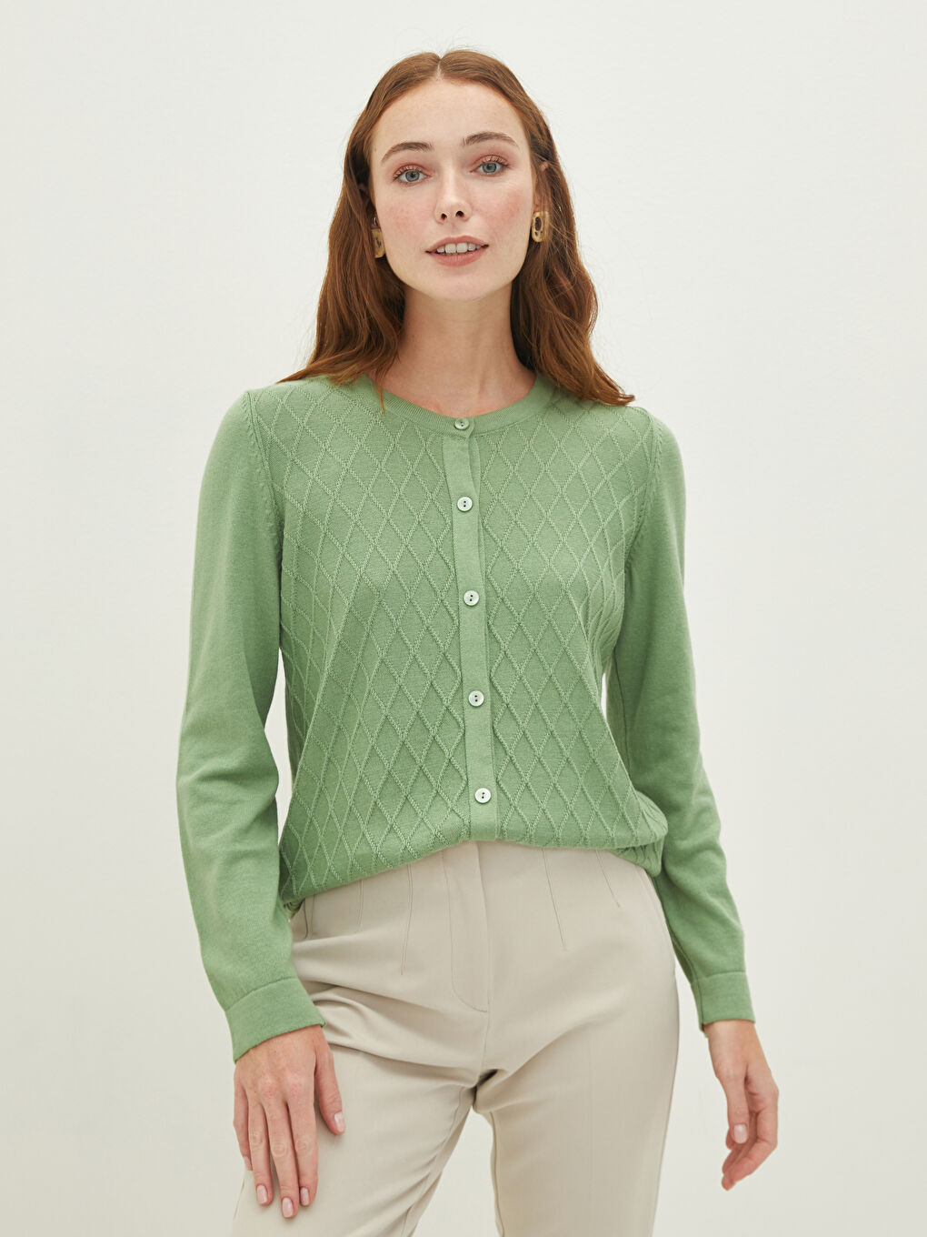 Crew Neck Patterned Long Sleeve Women's Knitwear Cardigan-2