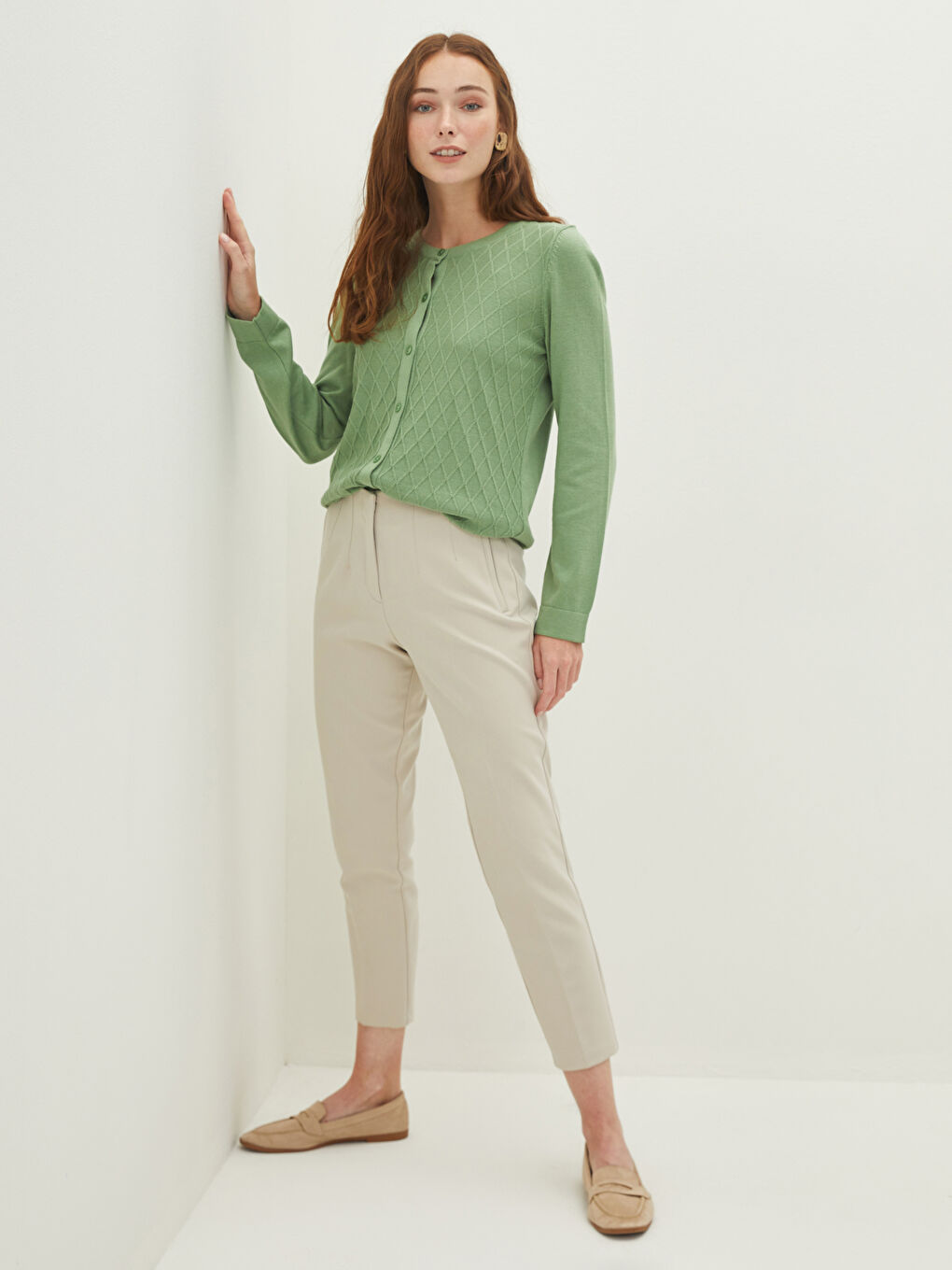 Crew Neck Patterned Long Sleeve Women's Knitwear Cardigan-3