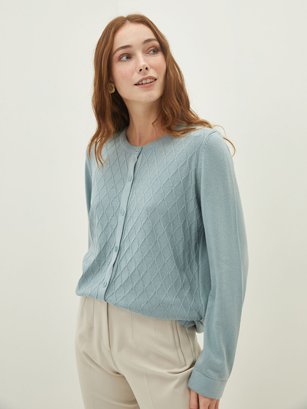 Жилетка от трико с кръгло деколте, шарки и дълъг ръкав за жени-2