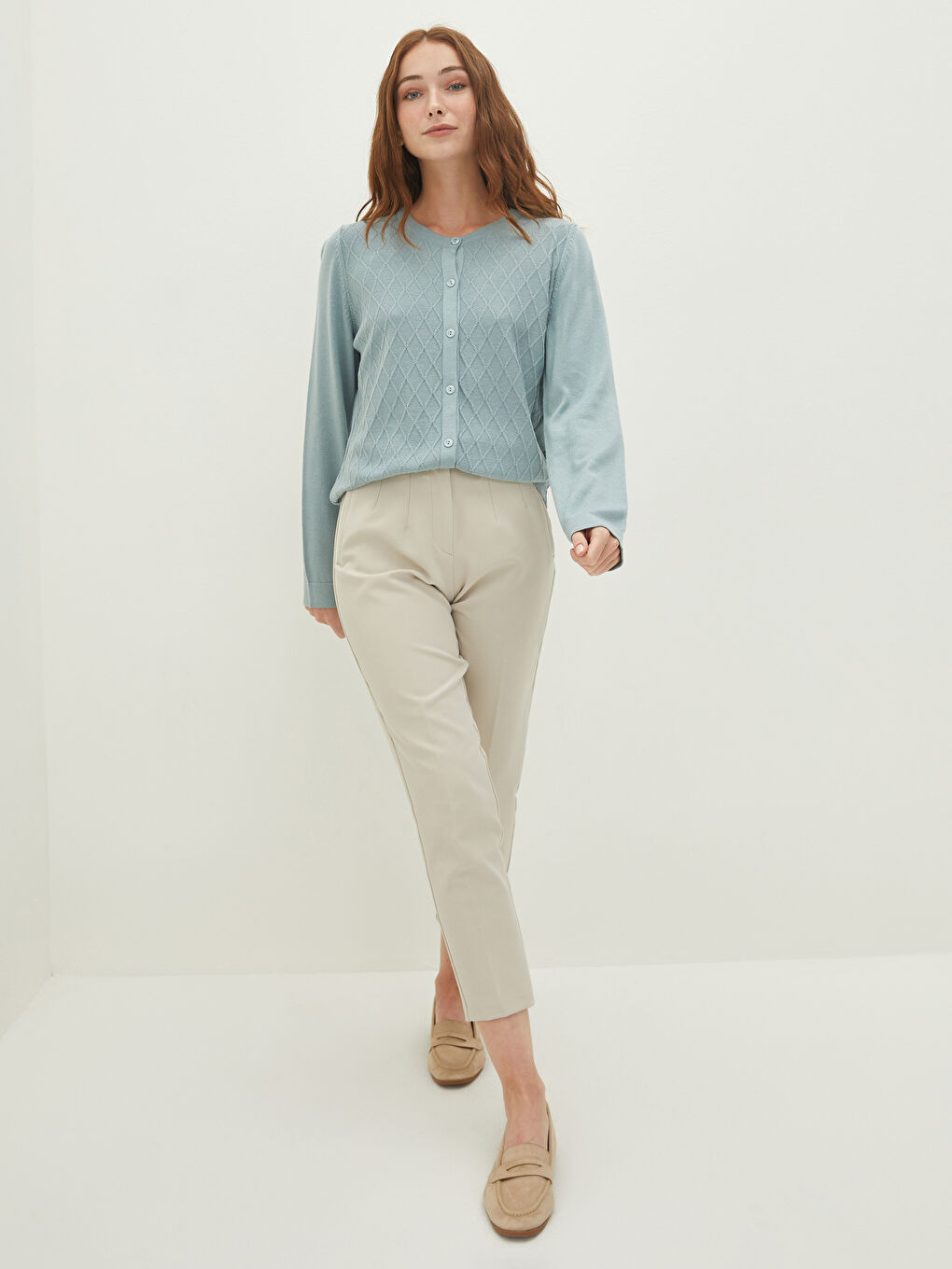 Жилетка от трико с кръгло деколте, шарки и дълъг ръкав за жени-3