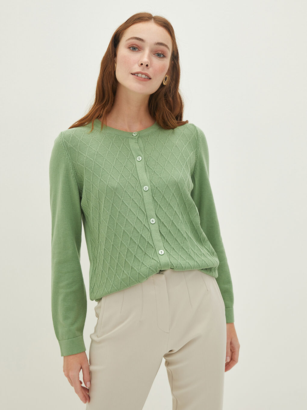 Crew Neck Patterned Long Sleeve Women's Knitwear Cardigan-1