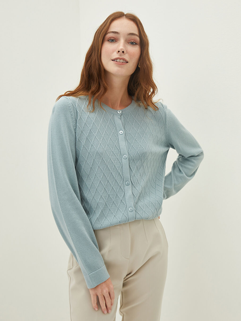 Жилетка от трико с кръгло деколте, шарки и дълъг ръкав за жени-1