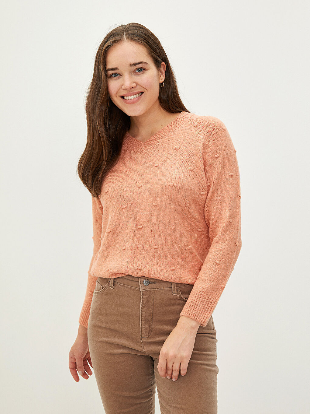 Mercan V Yaka Desenli Uzun Kollu Kadın Triko Kazak-1