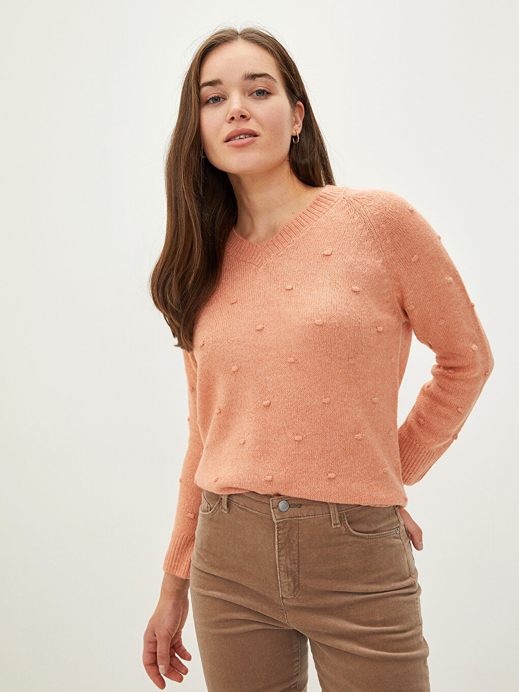 Mercan V Yaka Desenli Uzun Kollu Kadın Triko Kazak-2