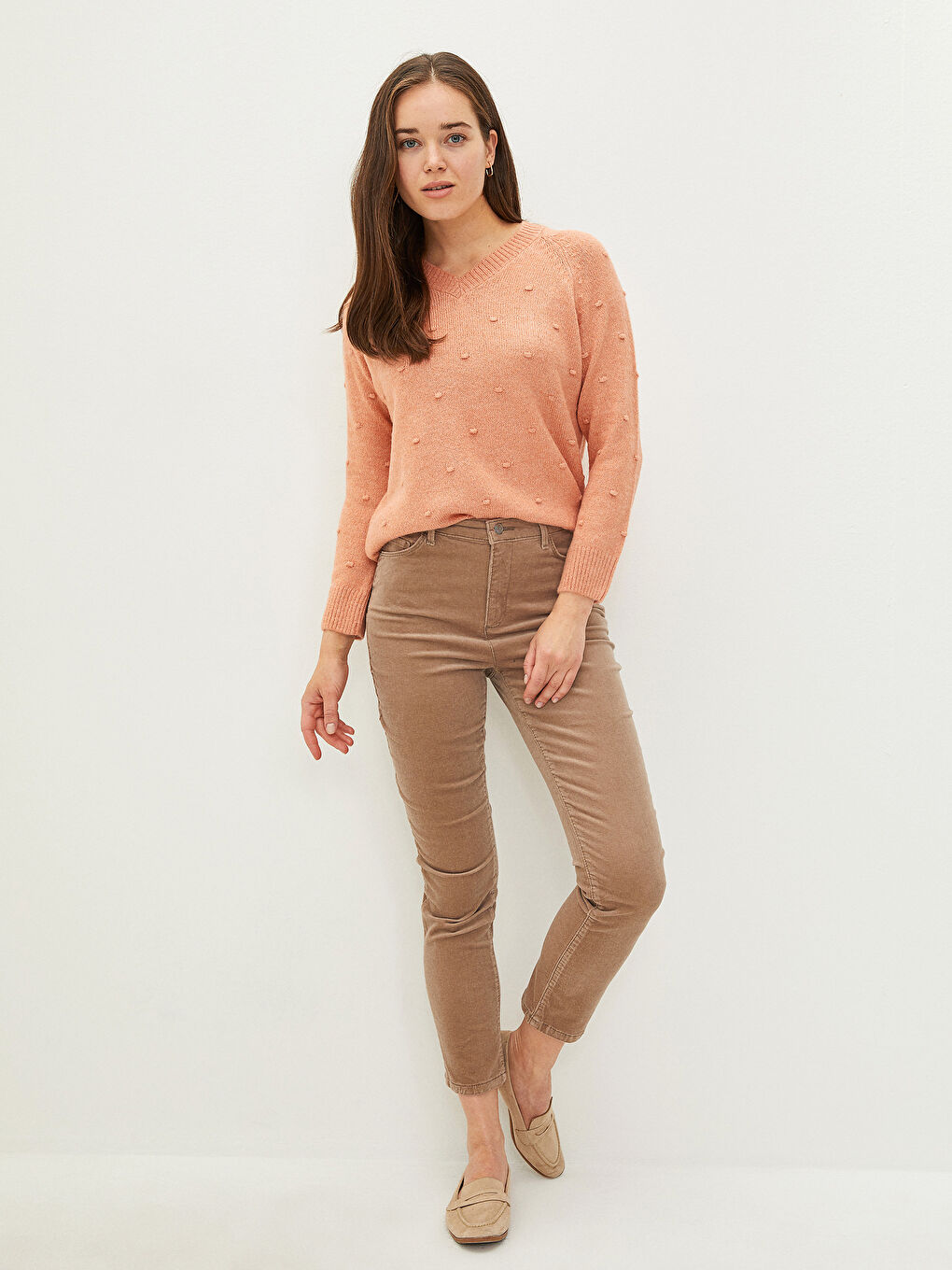 Mercan V Yaka Desenli Uzun Kollu Kadın Triko Kazak-4