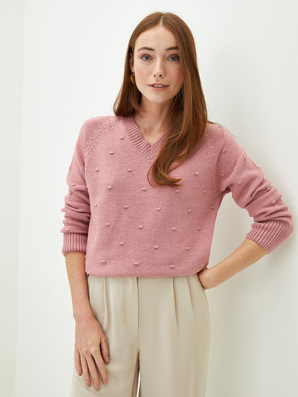 Әйелдерге арналған өрнекті v жағалы ұзын жең трикотаж жемпір