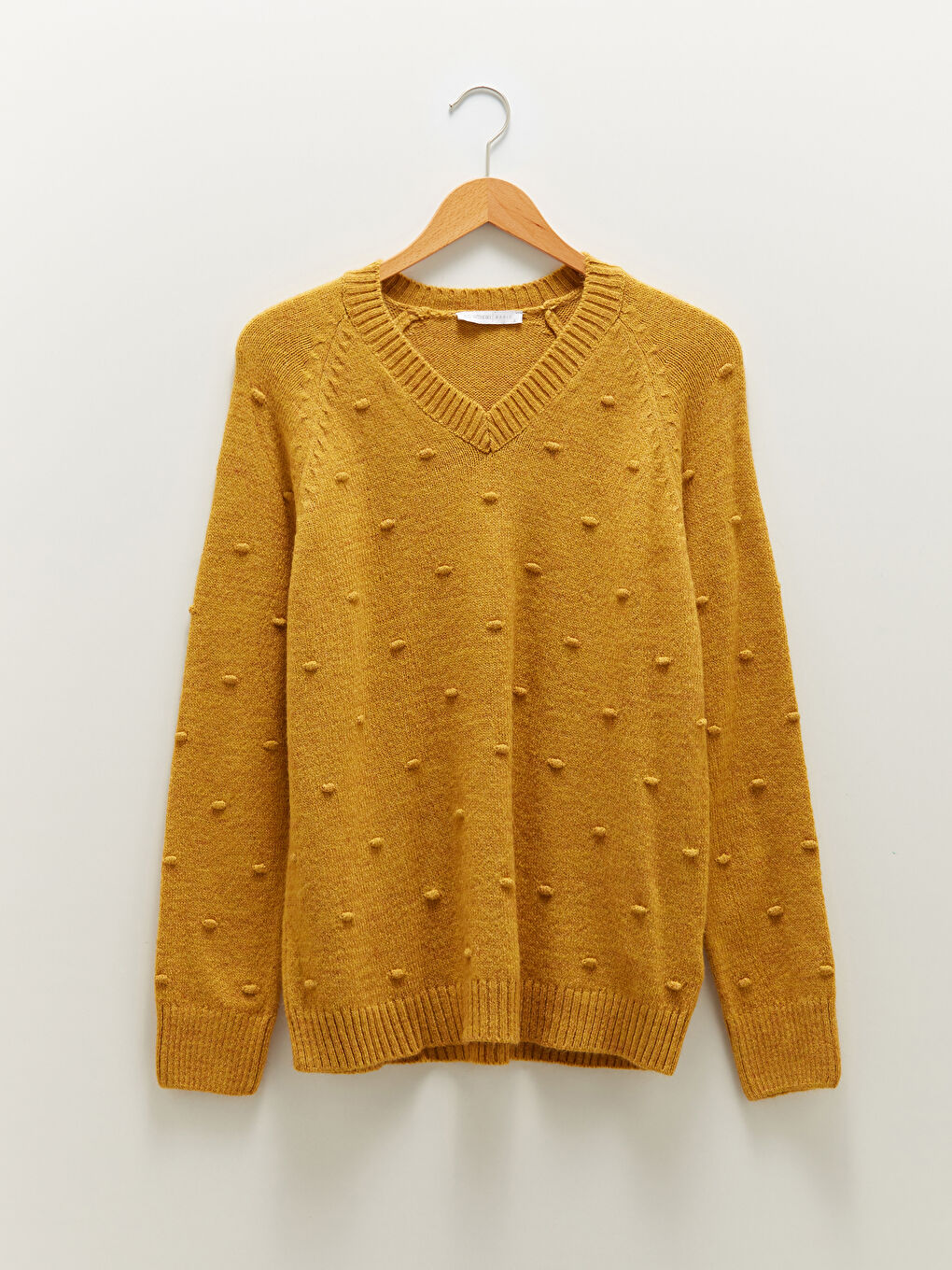 Sarı V Yaka Desenli Uzun Kollu Kadın Triko Kazak-5