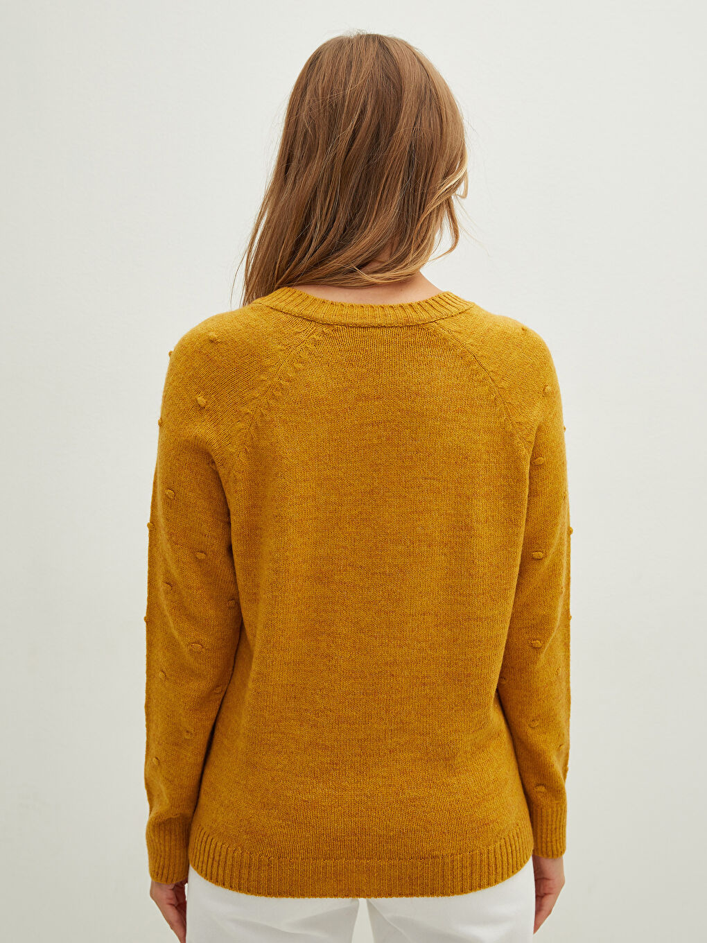 Sarı V Yaka Desenli Uzun Kollu Kadın Triko Kazak-4