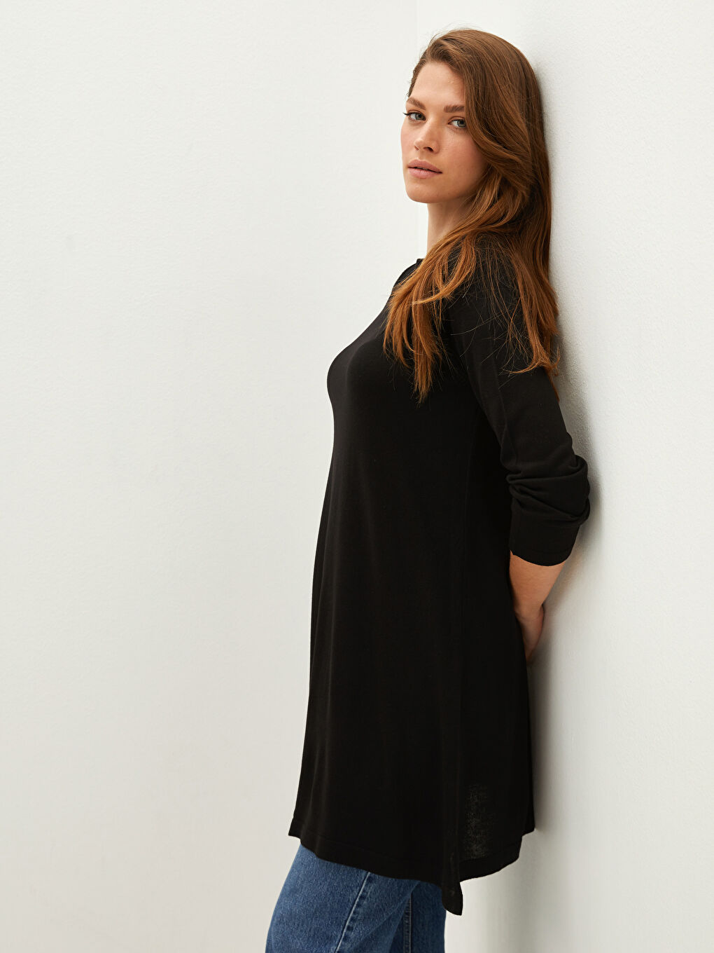 Siyah Bisiklet Yaka Düz Uzun Kollu Kadın Triko Tunik-1