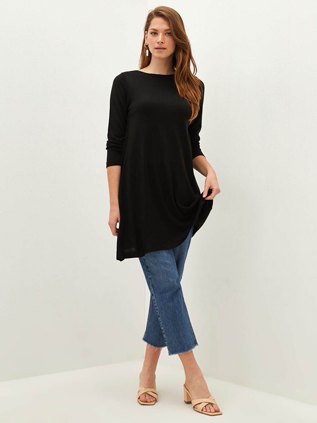 Siyah Bisiklet Yaka Düz Uzun Kollu Kadın Triko Tunik-2