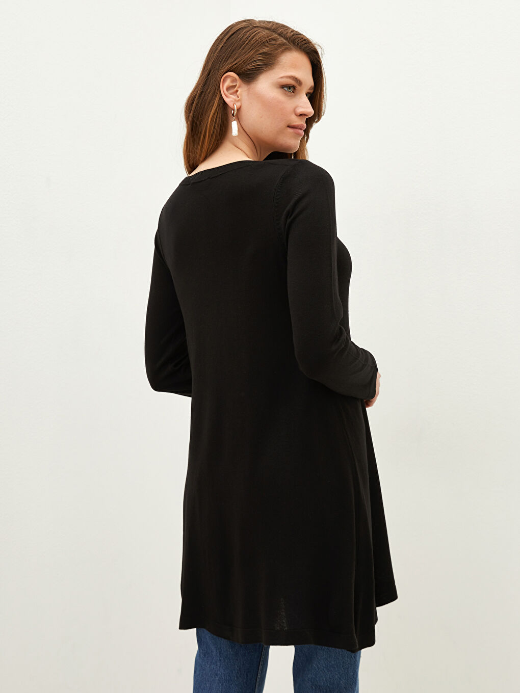 Siyah Bisiklet Yaka Düz Uzun Kollu Kadın Triko Tunik-4