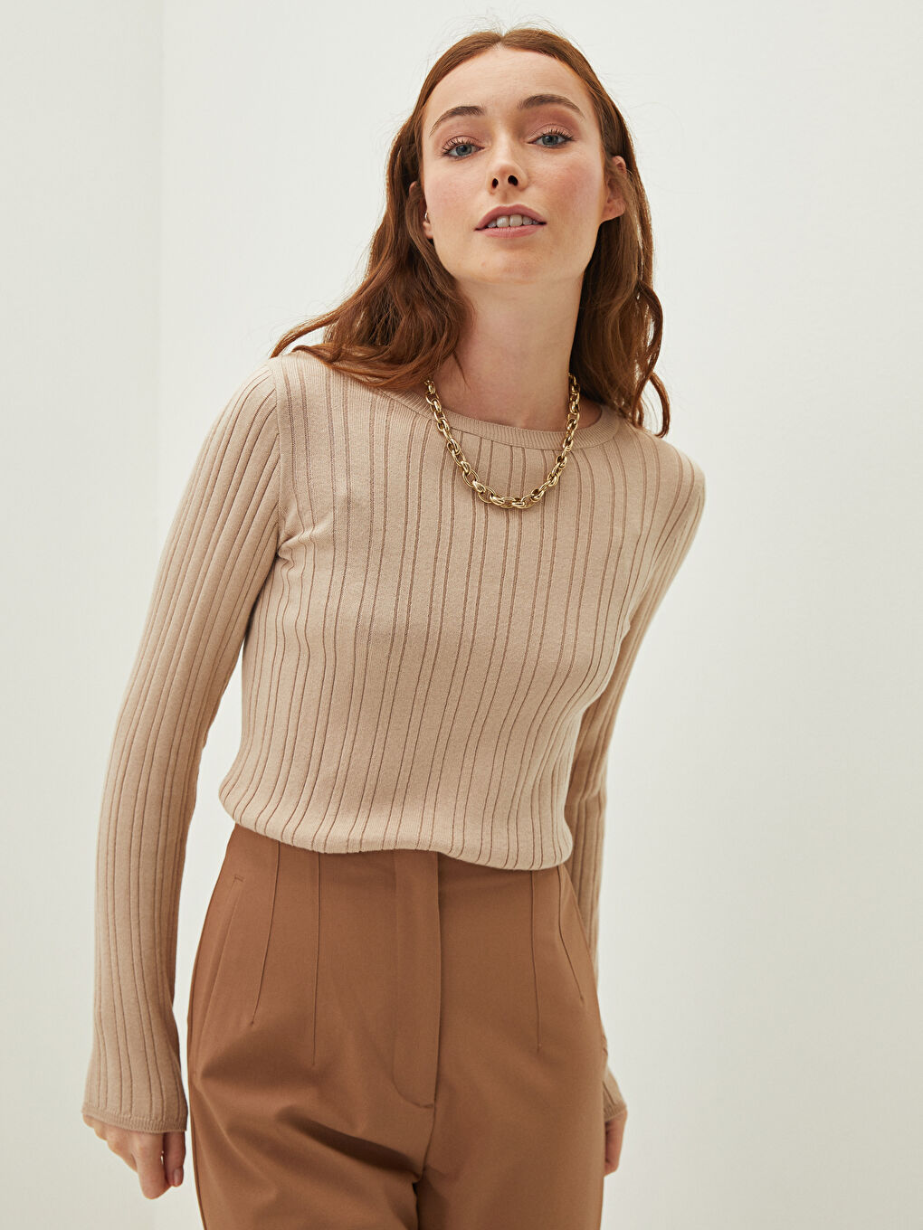 Bej Bisiklet Yaka Kendinden Desenli Uzun Kollu Kadın Triko Kazak-1