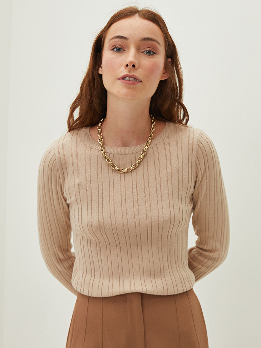 Bej Bisiklet Yaka Kendinden Desenli Uzun Kollu Kadın Triko Kazak-2