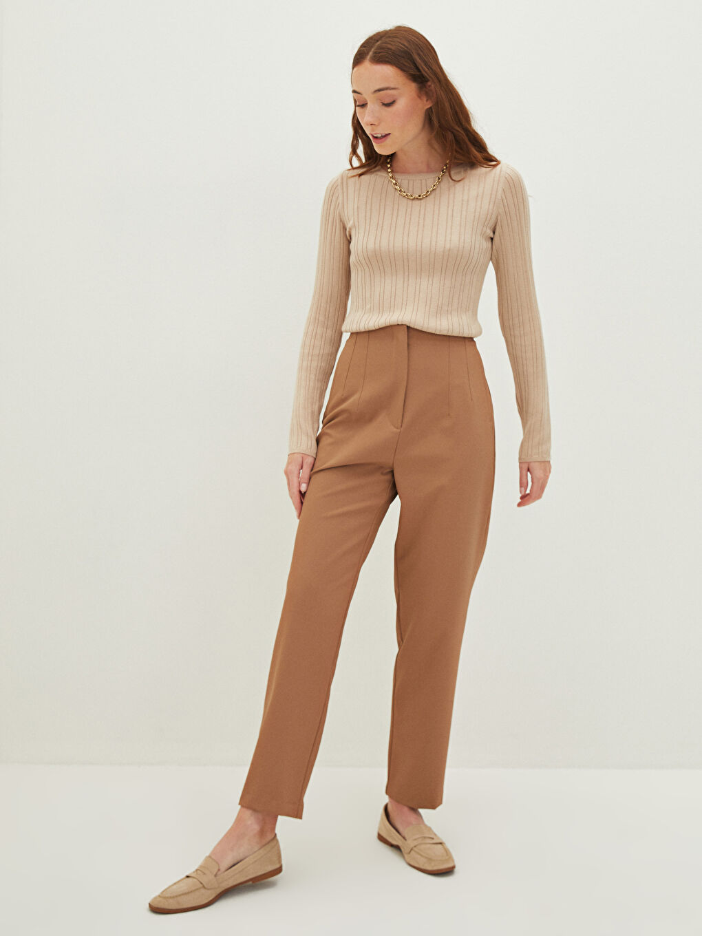 Bej Bisiklet Yaka Kendinden Desenli Uzun Kollu Kadın Triko Kazak-3