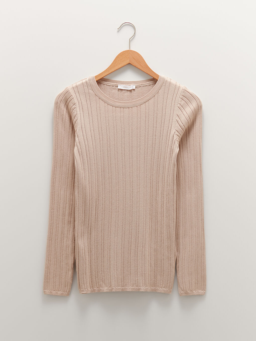 Bej Bisiklet Yaka Kendinden Desenli Uzun Kollu Kadın Triko Kazak-5