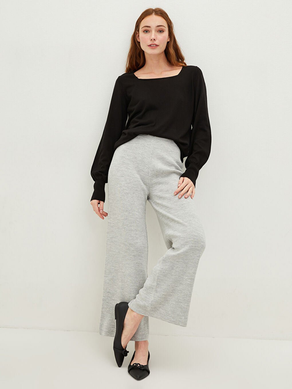 Elastic Waist Narrow Fit Wide Leg Women's Knitwear Pants -W1BG73Z8-DD0