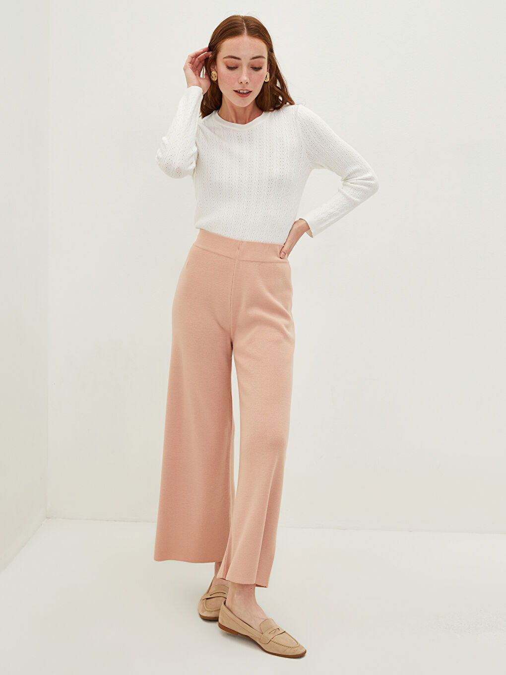 Pantalon en Tricot à Taille Élastique, Coupe Svelte, Jambe Large pour Femmes-3