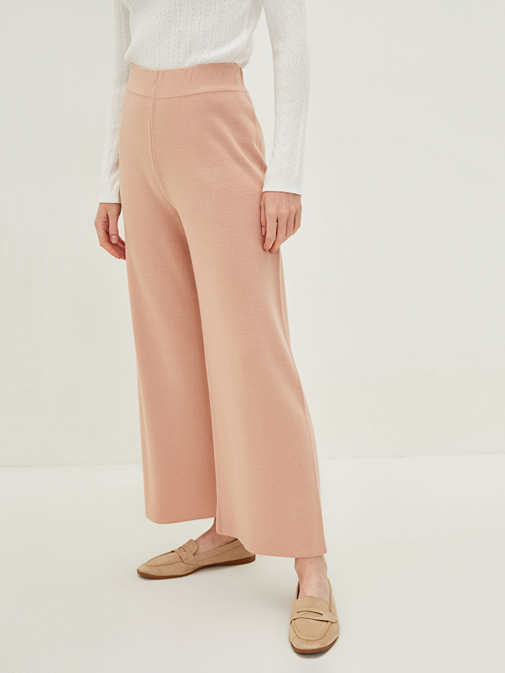 Pantalon en Tricot à Taille Élastique, Coupe Svelte, Jambe Large pour Femmes-4