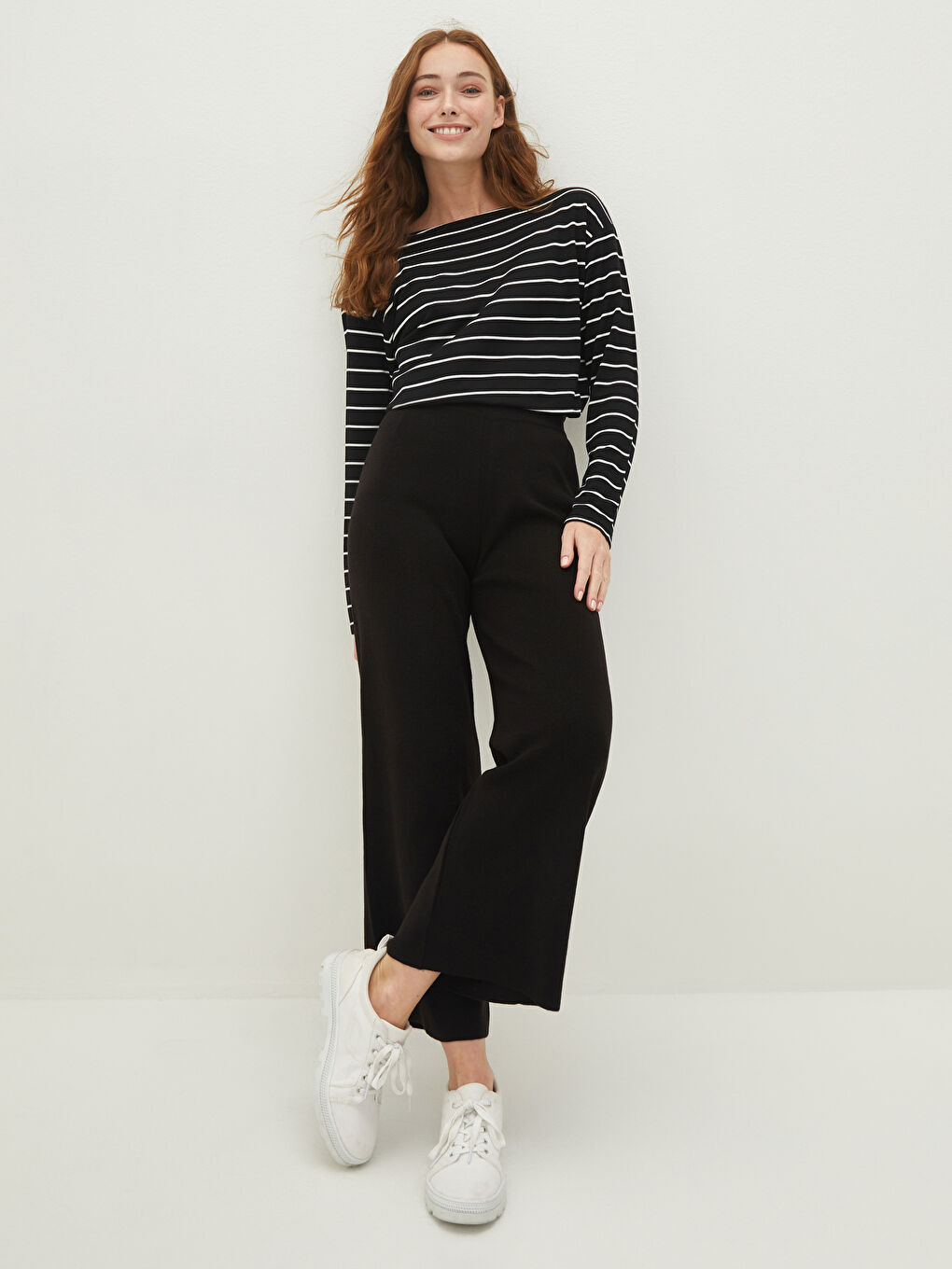 Pantalon en Tricot à Taille Élastique, Coupe Svelte, Jambe Large pour Femmes