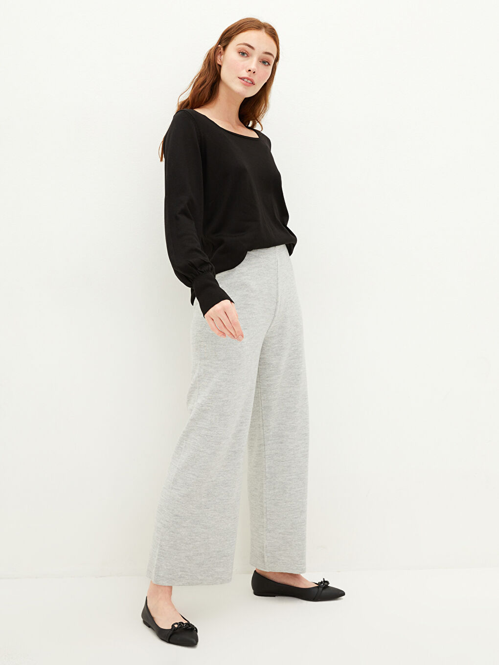 Elastic Waist Narrow Fit Wide Leg Women's Knitwear Pants -W1BG73Z8-DD0