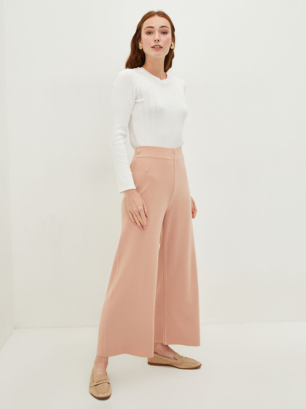 Pantalon en Tricot à Taille Élastique, Coupe Svelte, Jambe Large pour Femmes