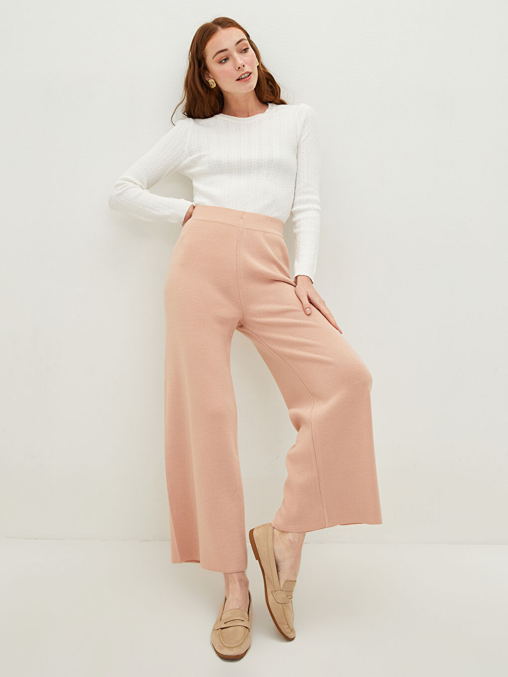 Pantalon en Tricot à Taille Élastique, Coupe Svelte, Jambe Large pour Femmes-1