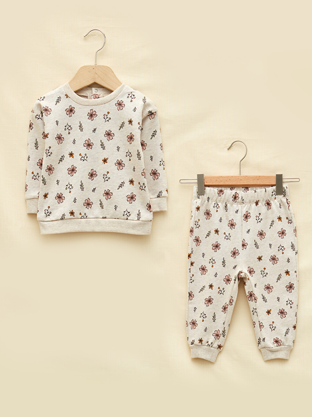 Crew Neck Long Sleeve Patterned Baby Girl Sweatshirt and Pants 2-Pack Set