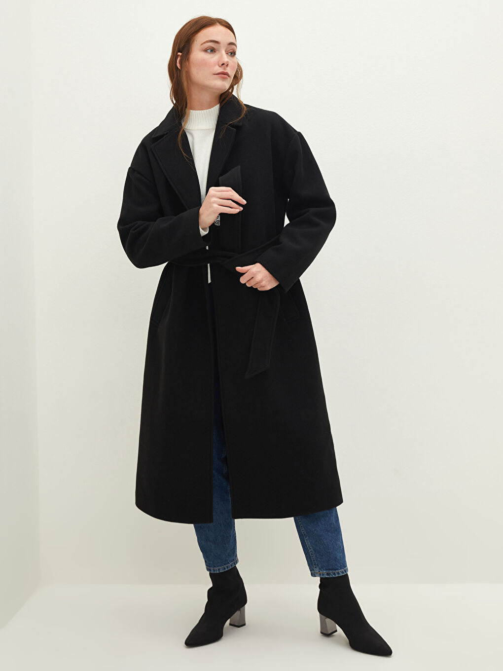 Ceket Yaka Düz Uzun Kollu Cep Detaylı Kadın Kaşe Kaban-1