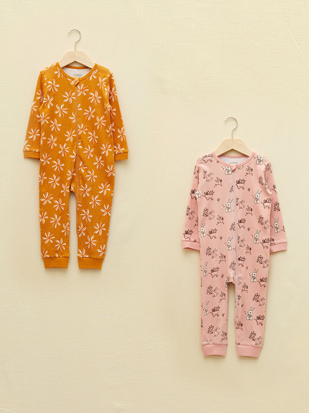 Crew Neck Long Sleeve Printed Baby Girl Jumpsuit, Pack of 2