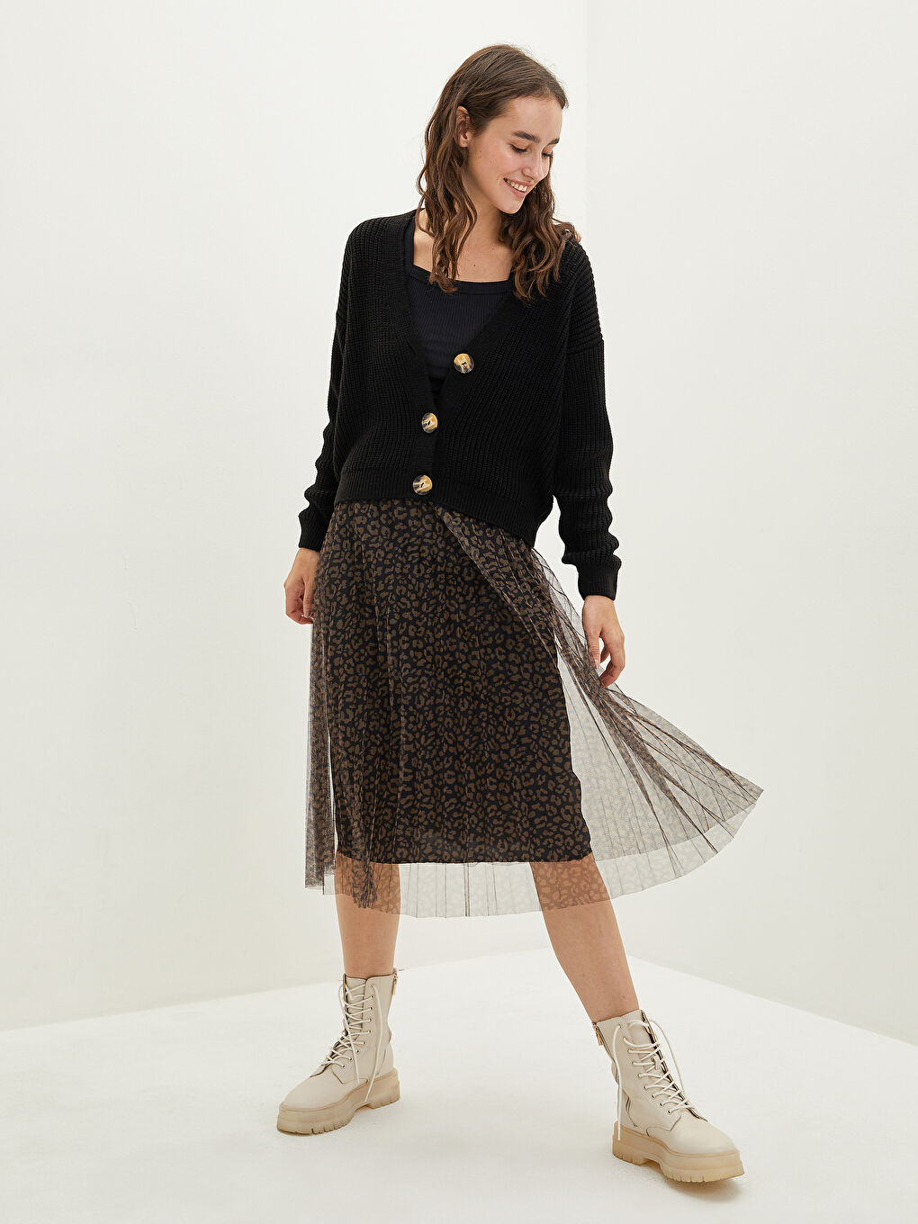 ელასტიური წელის ნაბეჭდი ტიული ქალებისთვის პლისირებული ქვედაბოლო-1