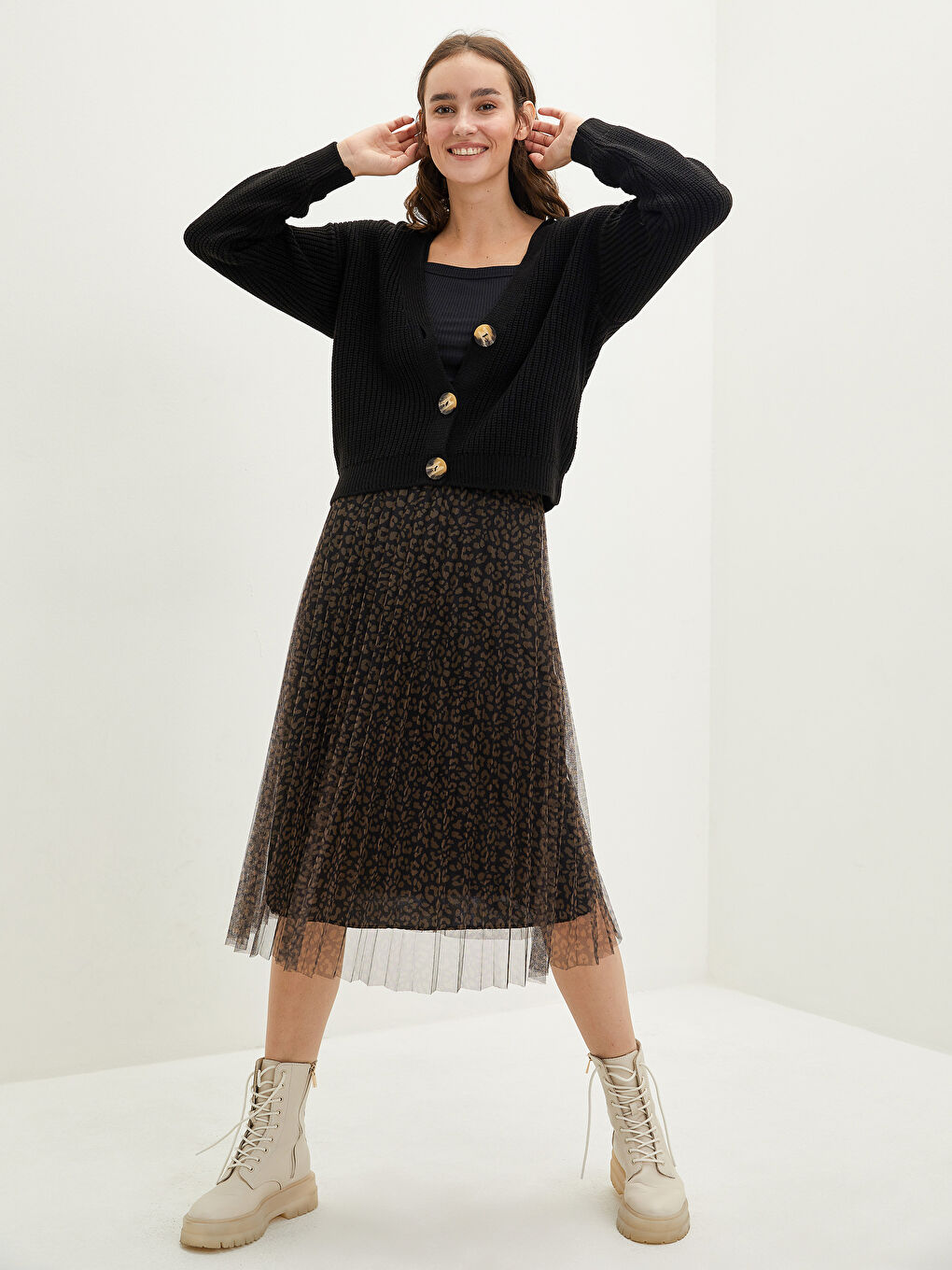 ელასტიური წელის ნაბეჭდი ტიული ქალებისთვის პლისირებული ქვედაბოლო-2