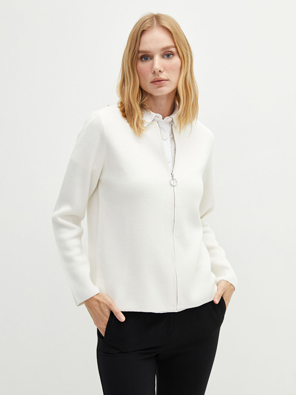 Жилетка с кръгло деколте, изчистена, с дълъг ръкав, за жени, плетиво