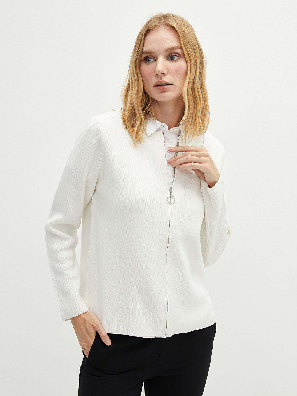 Жилетка с кръгло деколте, изчистена, с дълъг ръкав, за жени, плетиво-1