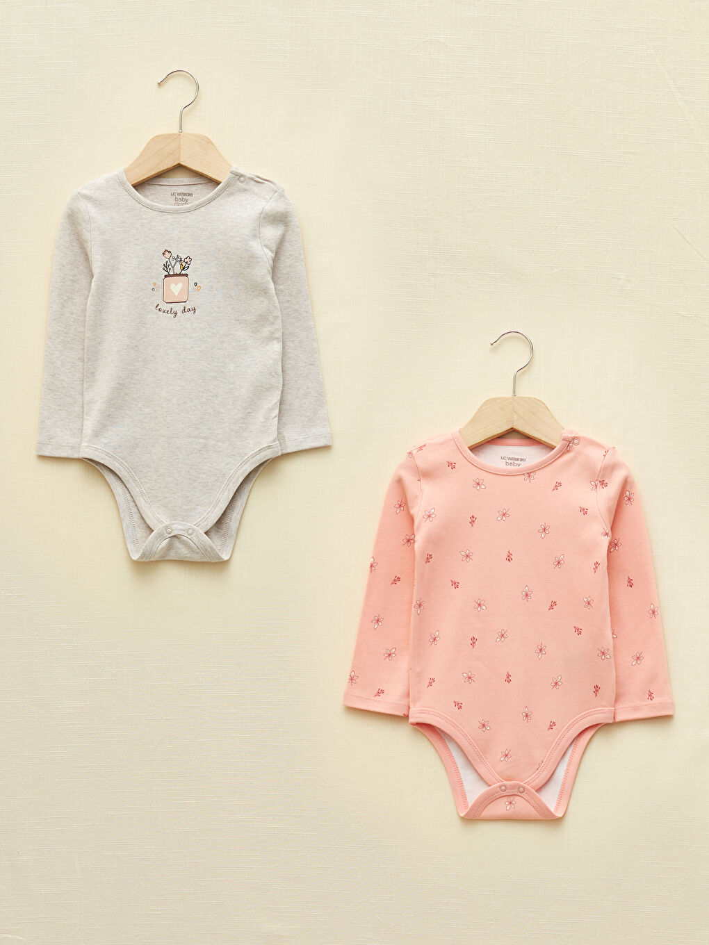Crew Neck Long Sleeve Printed Baby Girl Bodysuit with Snap Crotch 2-Pack