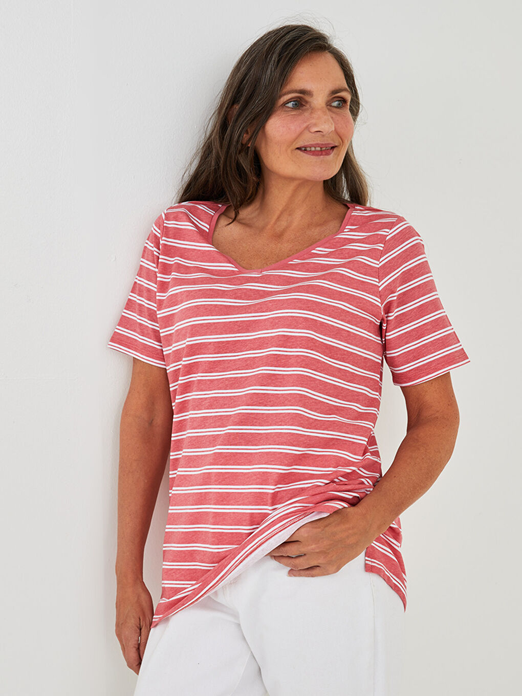 V Neck Striped Short Sleeve Cotton Women's T-Shirt