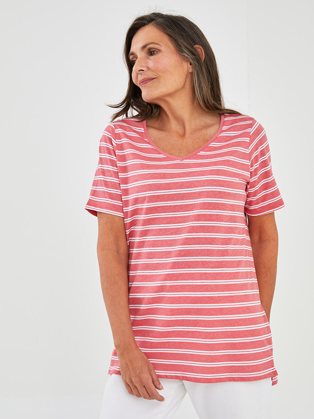 V Neck Striped Short Sleeve Cotton Women's T-Shirt-1