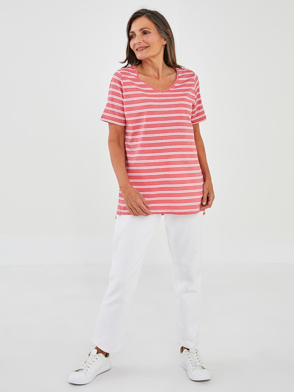 V Neck Striped Short Sleeve Cotton Women's T-Shirt-2