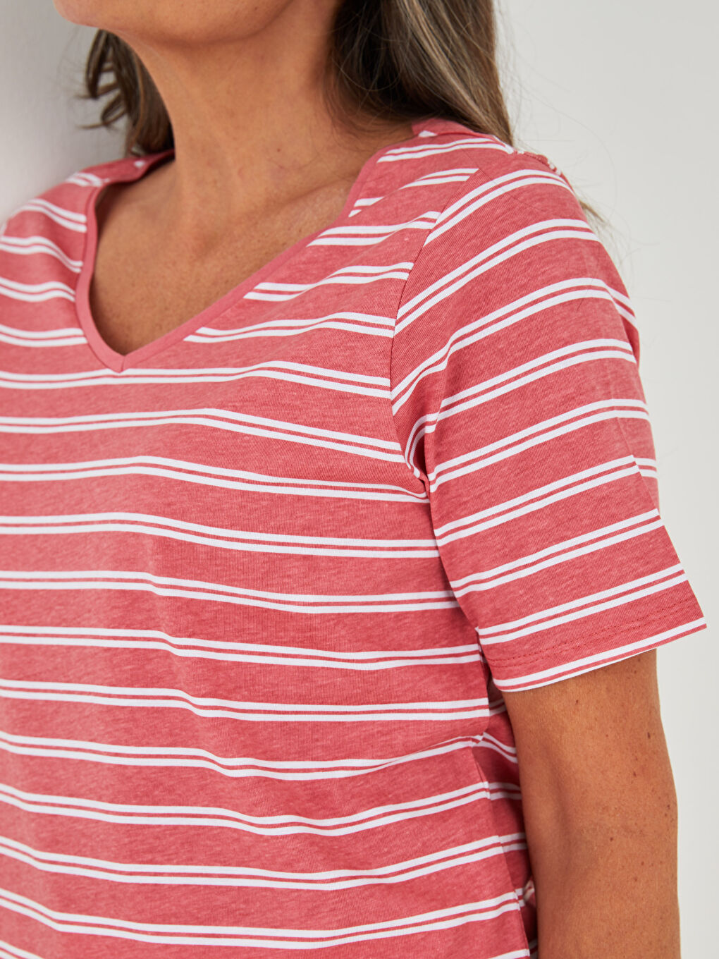 V Neck Striped Short Sleeve Cotton Women's T-Shirt-3