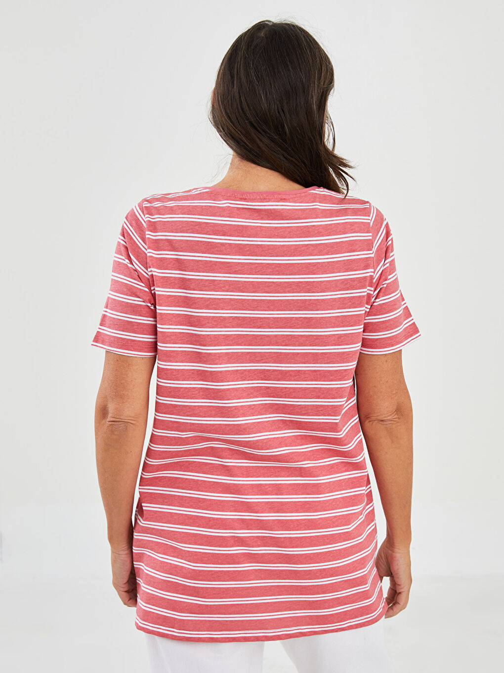 V Neck Striped Short Sleeve Cotton Women's T-Shirt-4