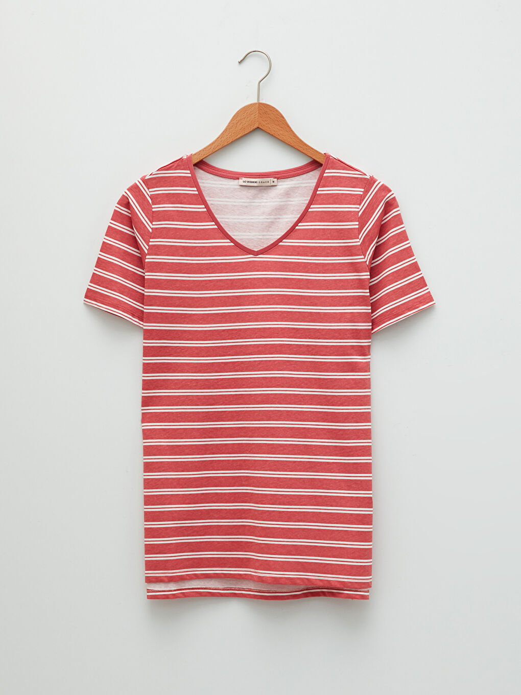 V Neck Striped Short Sleeve Cotton Women's T-Shirt-5