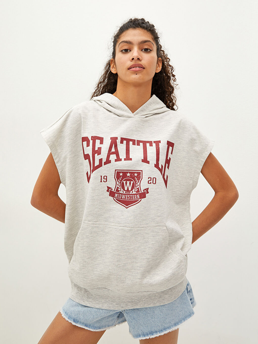 Women's Hooded Collar Printed Sleeveless Sweatshirt -W1BI41Z8-EFN
