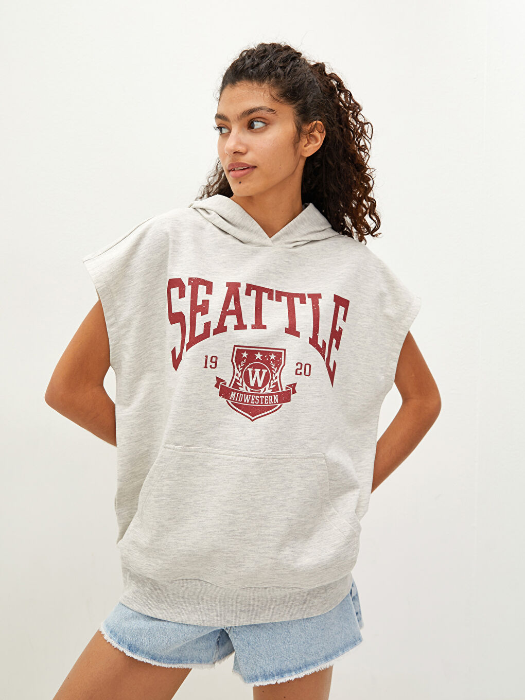 Women's Hooded Collar Printed Sleeveless Sweatshirt -W1BI41Z8-EFN