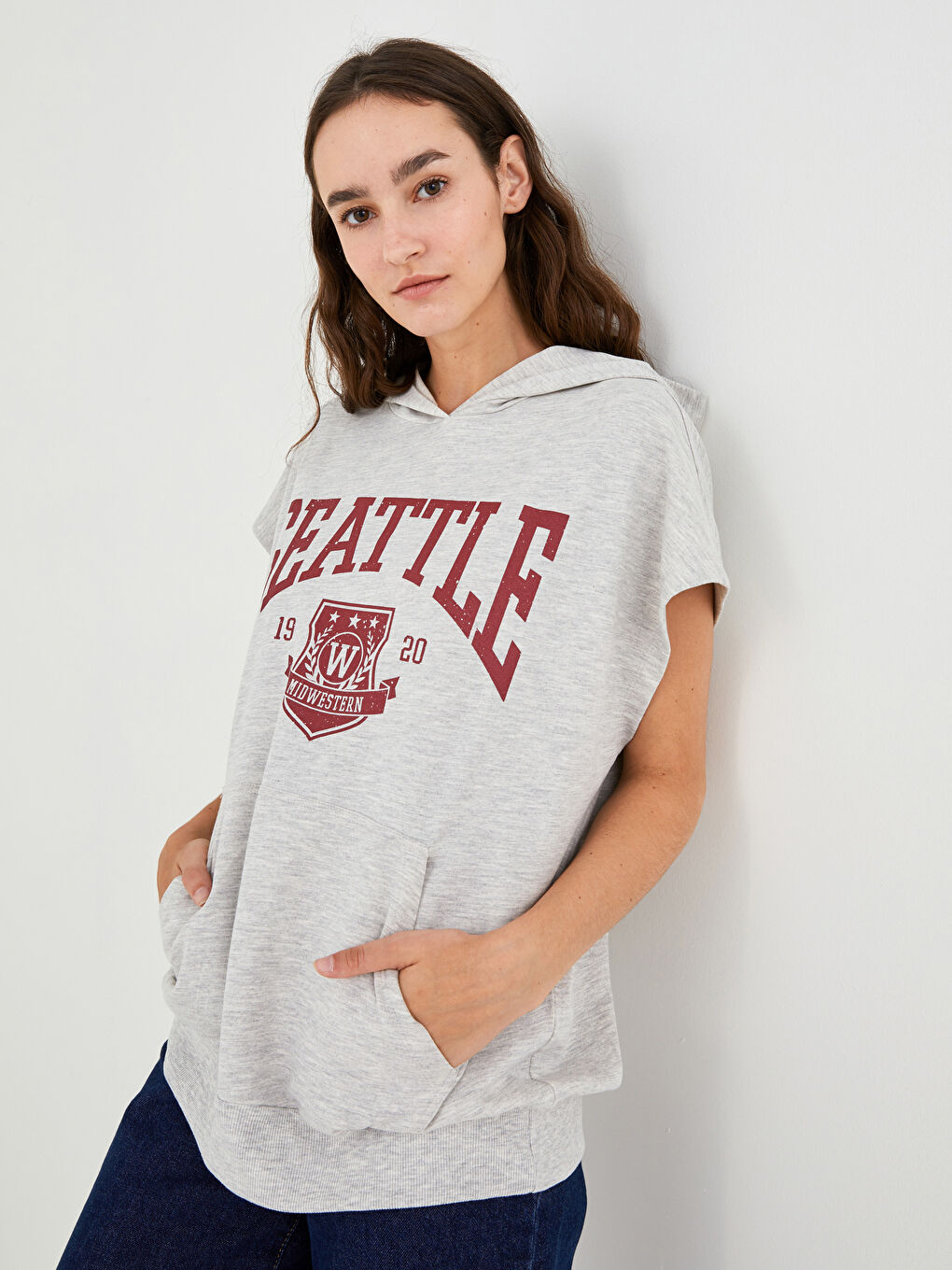 Women's Hooded Collar Printed Sleeveless Sweatshirt -W1BI41Z8-EFN