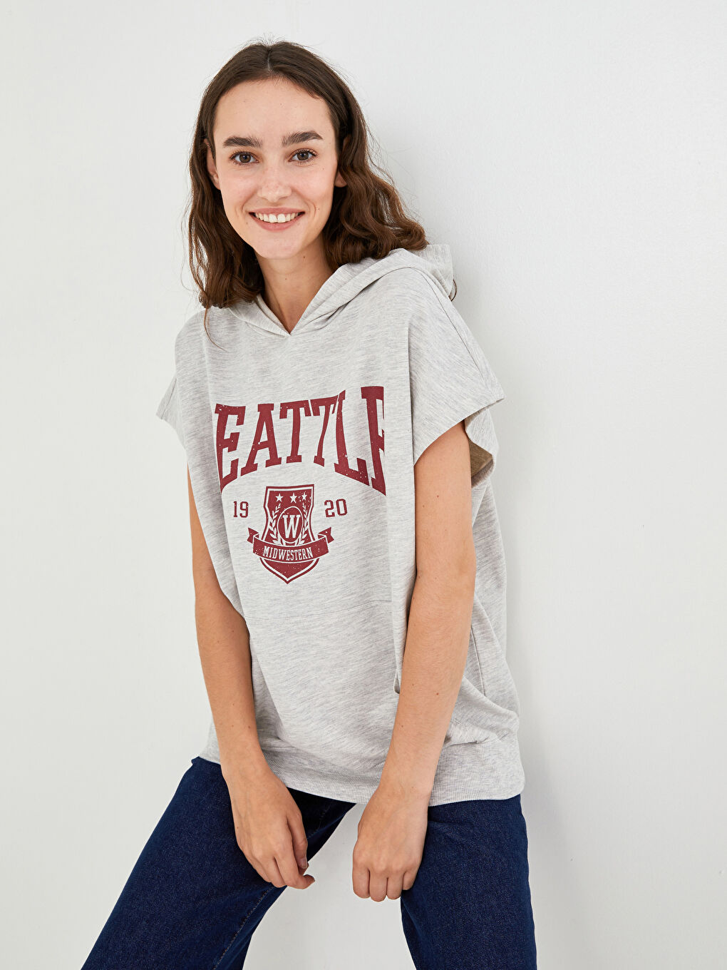 Women's Hooded Collar Printed Sleeveless Sweatshirt -W1BI41Z8-EFN